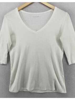 EILEEN FISHER Top XS Organic Cotton Ribbed Jersey V-Neck Elbow Sleeve White